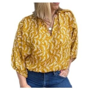 Anthropologie Mustard Leaf Print Top